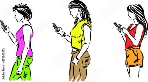 three women walking looking at cell phone vector illustration