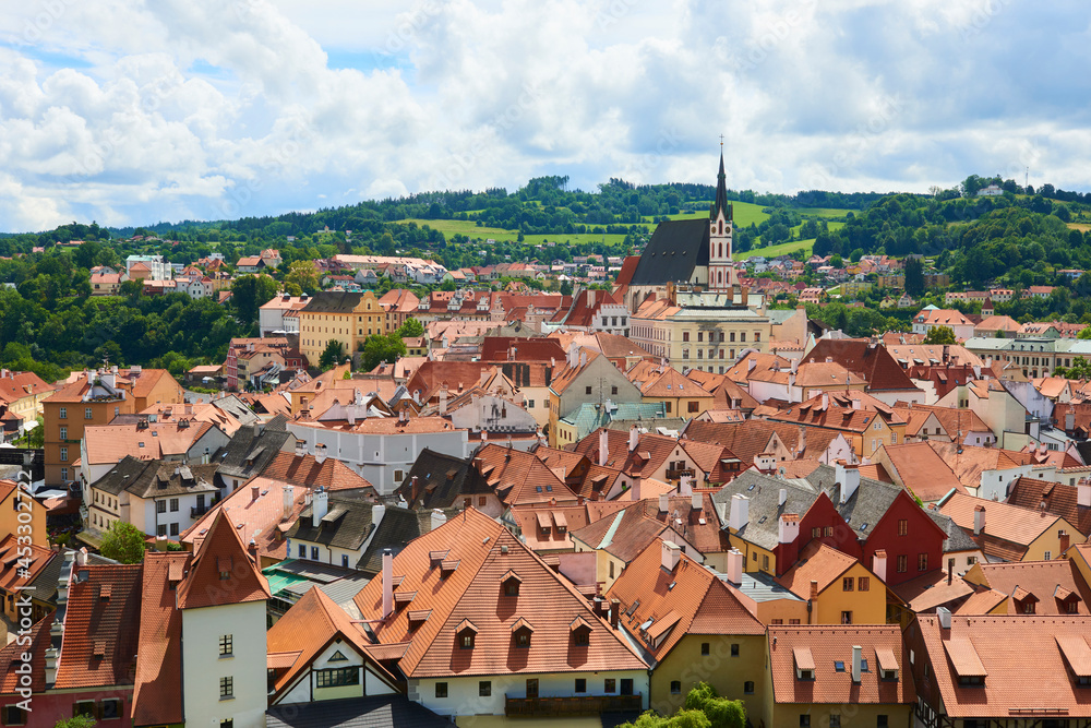 Aerial view over the old Town of Cesky Krumlov, Czech Republic
