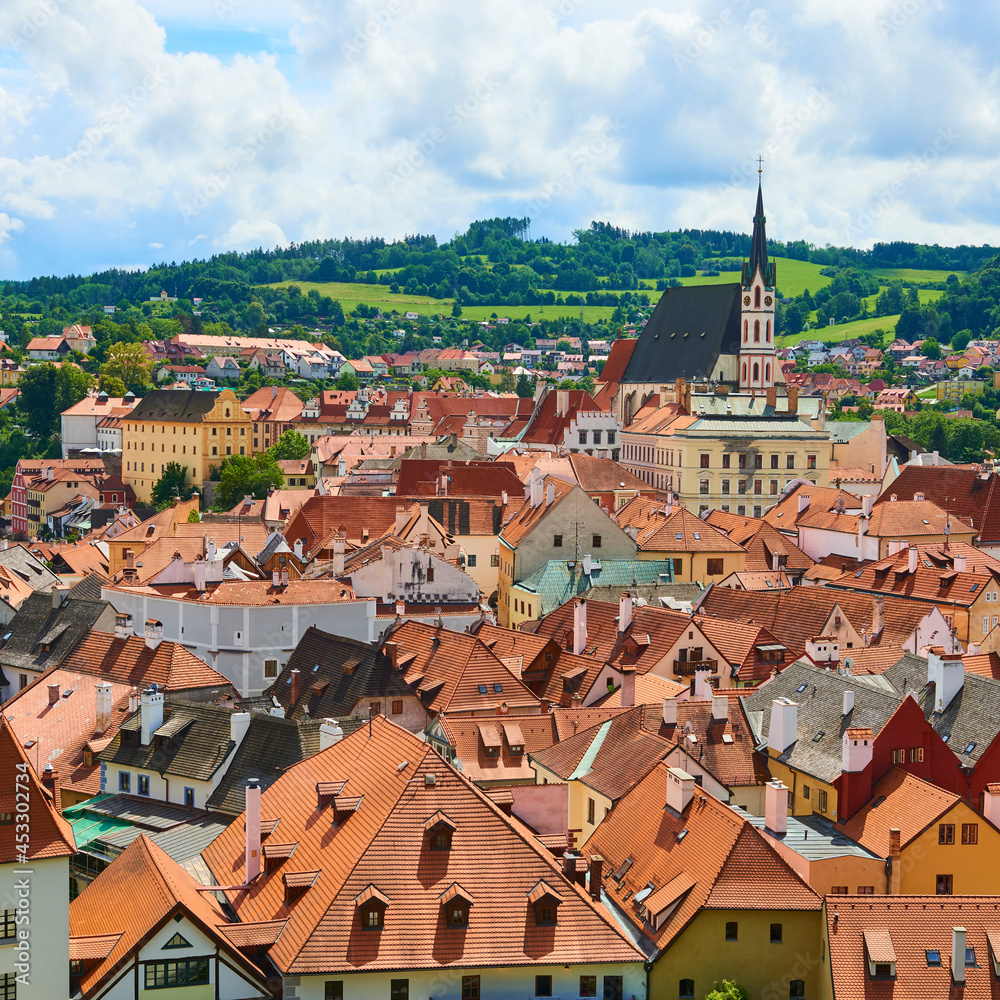 Aerial view over the old Town of Cesky Krumlov, Czech Republic
