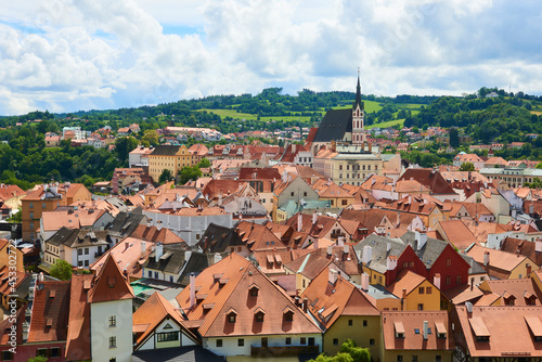 Aerial view over the old Town of Cesky Krumlov, Czech Republic 