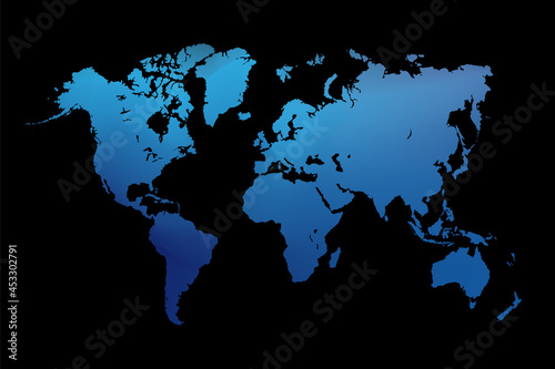 World map on black background. World map template with continents, North and South America, Europe and Asia, Africa and Australia Monochrome world map icon Freehand drawing