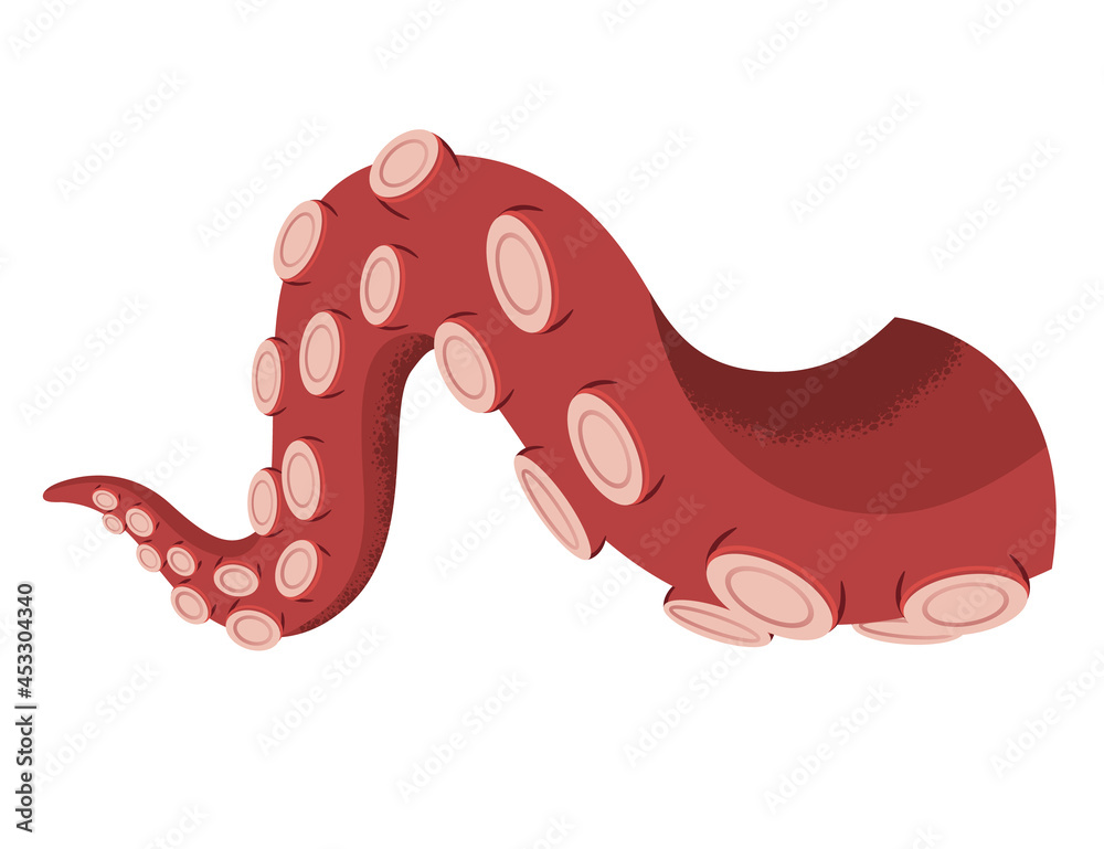 Octopus tentacle on white background. Sea squid vector cartoon icon. Spooky marine monster arm. Underwater animal