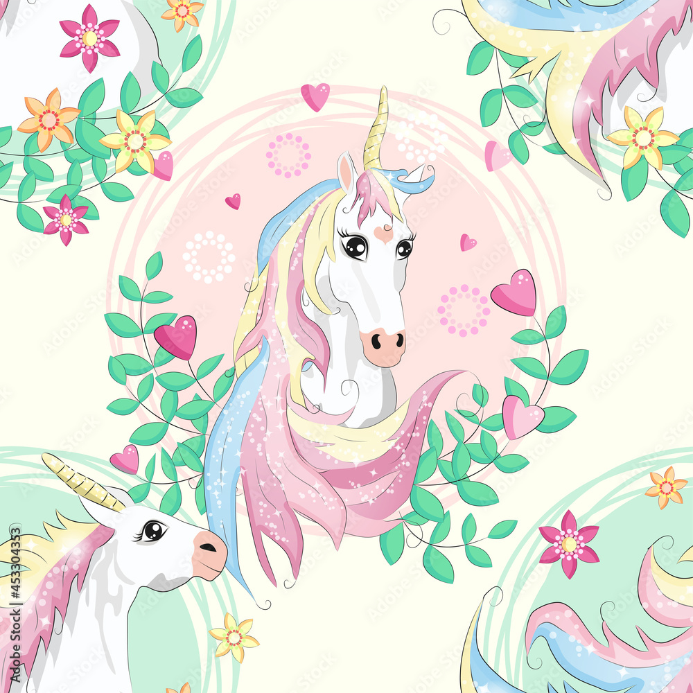 Fototapeta premium pattern with cute unicorns, clouds,rainbow and stars. Magic background with little unicorns