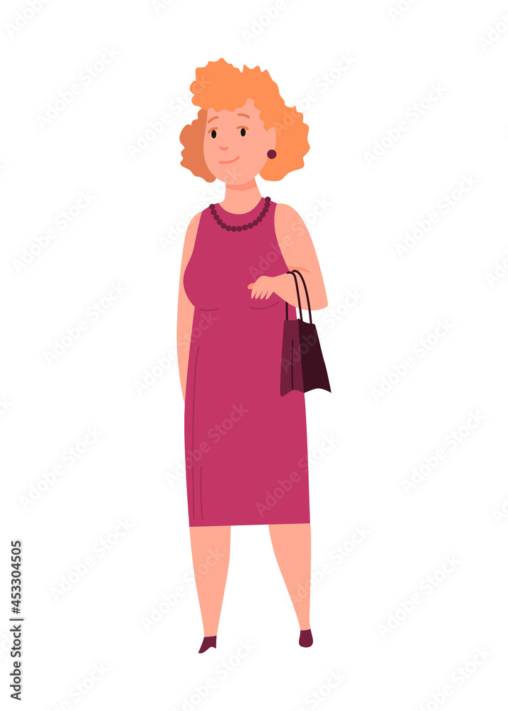 Over size woman. Adult lush lady in festive clothe flat cartoon style. Female character with overweight. Vector person Over size woman. Adult lush lady in festive clothe flat cartoon style. Female character with overweight. Vector person