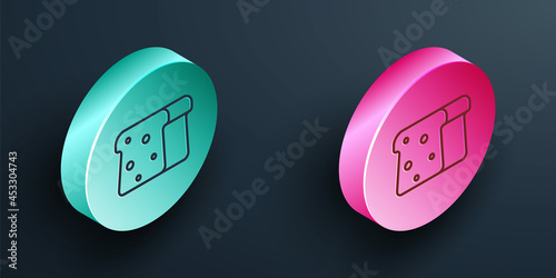 Isometric line Bread toast for sandwich piece of roasted crouton icon isolated on black background. Lunch, dinner, breakfast snack. Turquoise and pink circle button. Vector