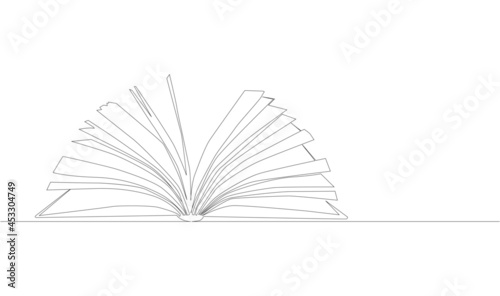 Stack of opened books in style of one line. Black contour. Graphic.