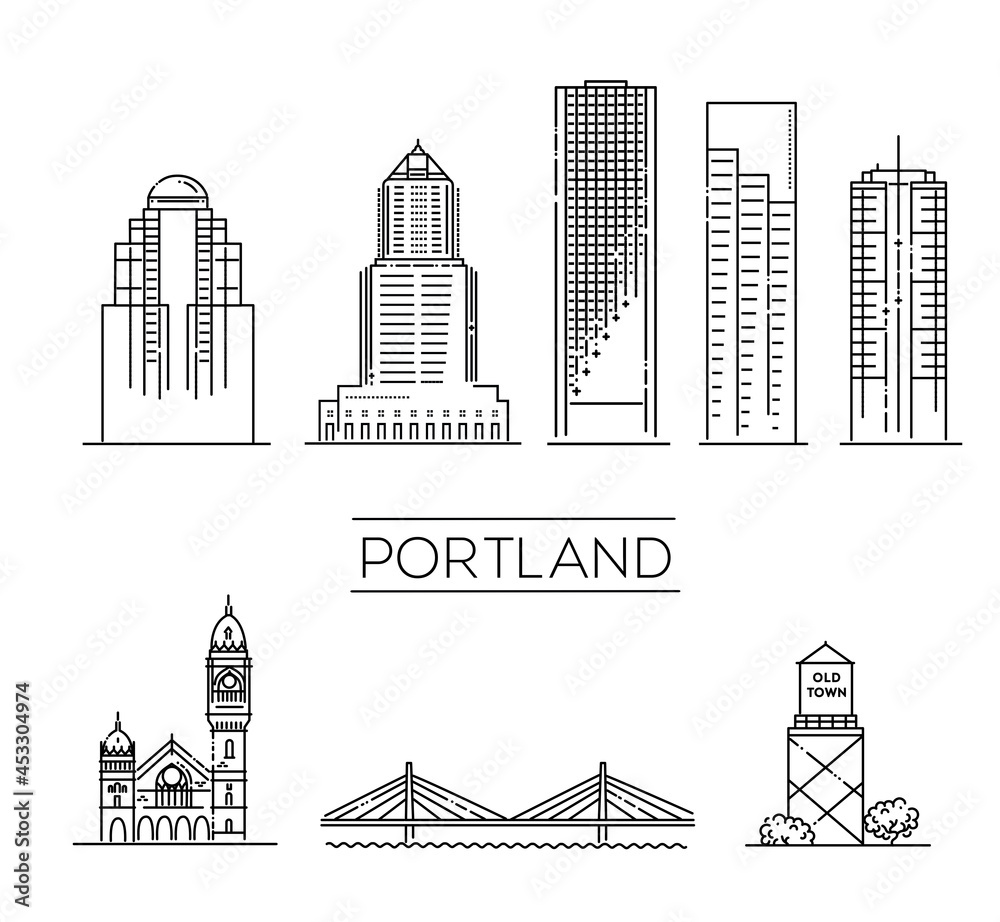 Portland architecture line skyline illustration. Linear vector cityscape with famous landmarks