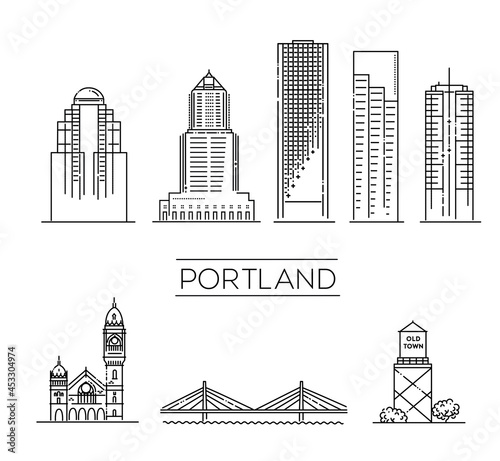 Portland architecture line skyline illustration. Linear vector cityscape with famous landmarks