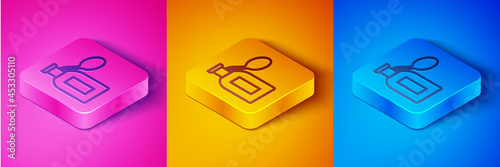 Isometric line Perfume icon isolated on pink and orange, blue background. Square button. Vector