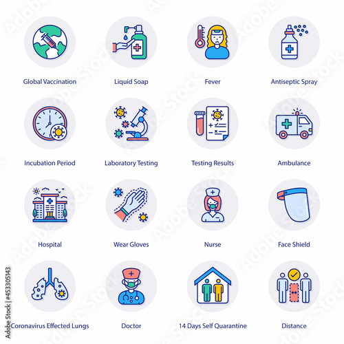 COVID Protection Measures Flat Circle Icons - Vectors