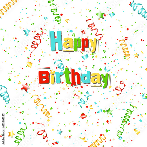 Happy Birthday greeting card with ribbons and confetti.