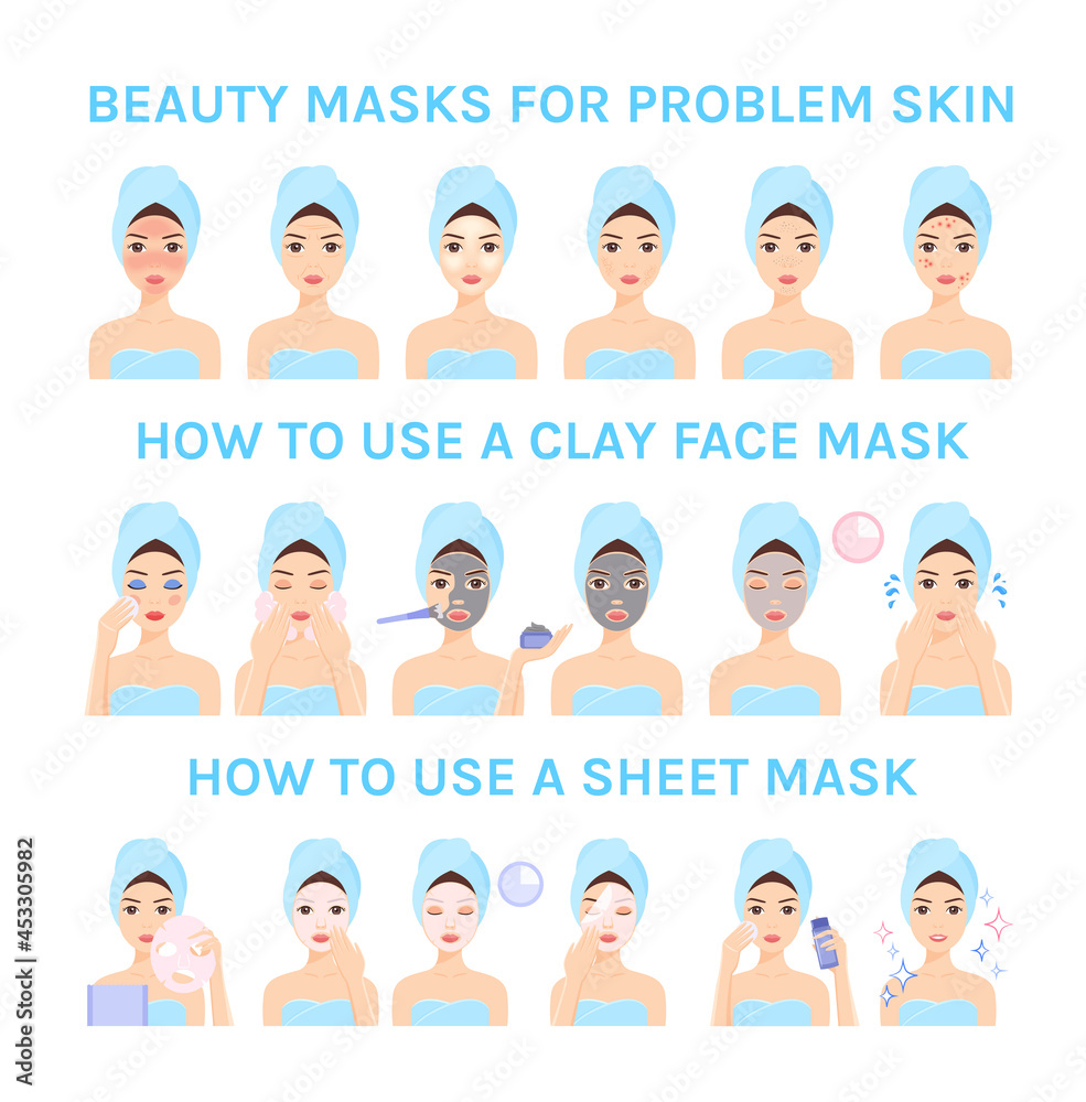 How to Use Beauty Masks for Problem Skin. Apply Sheet and Clay Face Mask. Set, Steps, Instruction. Beautiful Girl in a Towel Does Care Procedures. Cartoon Color Style. White background. Vector image