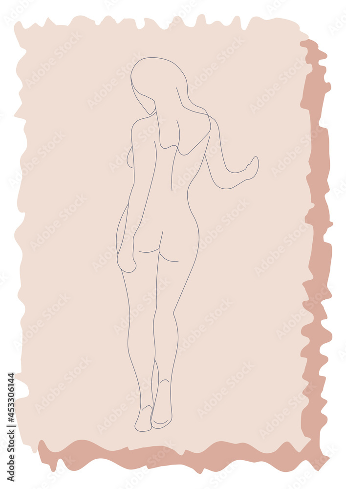 Silhouette of a woman, female body, body positive, cosmetic concept with flowers, trendy beige, template