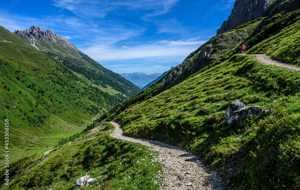 A mountain trail towards the Elferspitze in Stubai Alps in Austria.