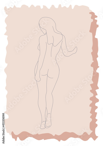 Silhouette of a woman, female body, body positive, cosmetic concept with flowers, trendy beige, template