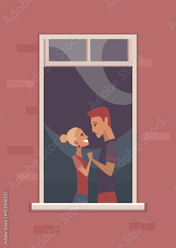 Window with people. Apartment building with people in open window spaces. Outer wall of house with couple in love. Human life concept. Block of flat house friendship concept