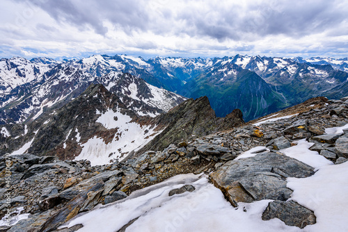 The valley of Stubai Alps in Austria taken from the summit of Habicht.