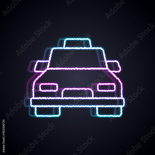Glowing neon line Taxi car icon isolated on black background. Vector