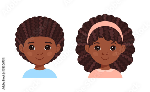 Portrait of Afro Cute Boy and Black Beautiful Girl. Children with Curly Hair. Preschoolers and Kindergarten Kids are Smiling. Avatar. Flat Cartoon Style. White background. Vector stock illustration