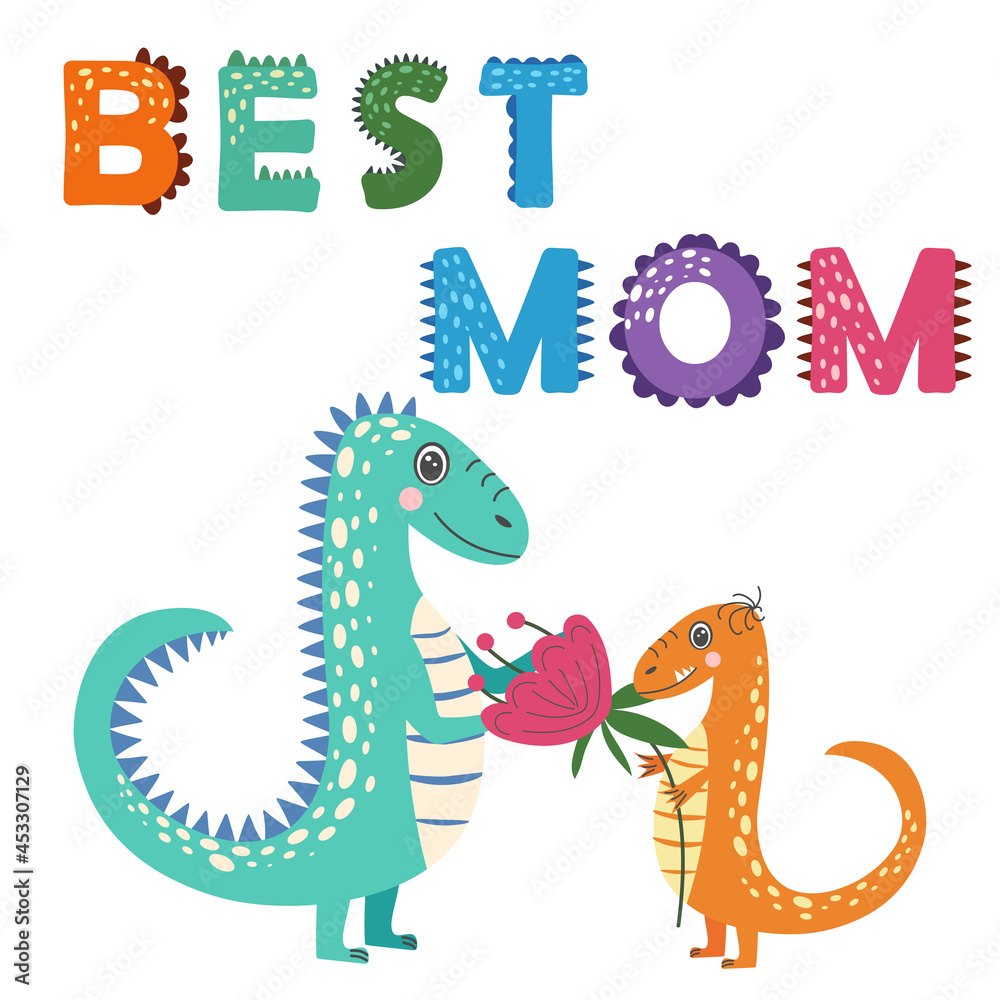 Fototapeta premium I love my mom. cartoon dinosaurs, hand drawing lettering, decoration elements. Colorful flat style illustration design