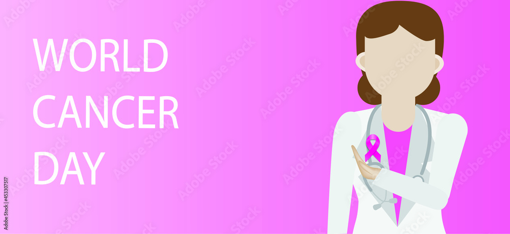 Illustration of Pink ribbon breast cancer sign in female doctor hand on a pink background, World cancer day concept. Illustration of Pink ribbon breast cancer sign in female doctor hand on a pink background, World cancer day concept.