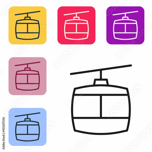 Black line Cable car icon isolated on white background. Funicular sign. Set icons in color square buttons. Vector
