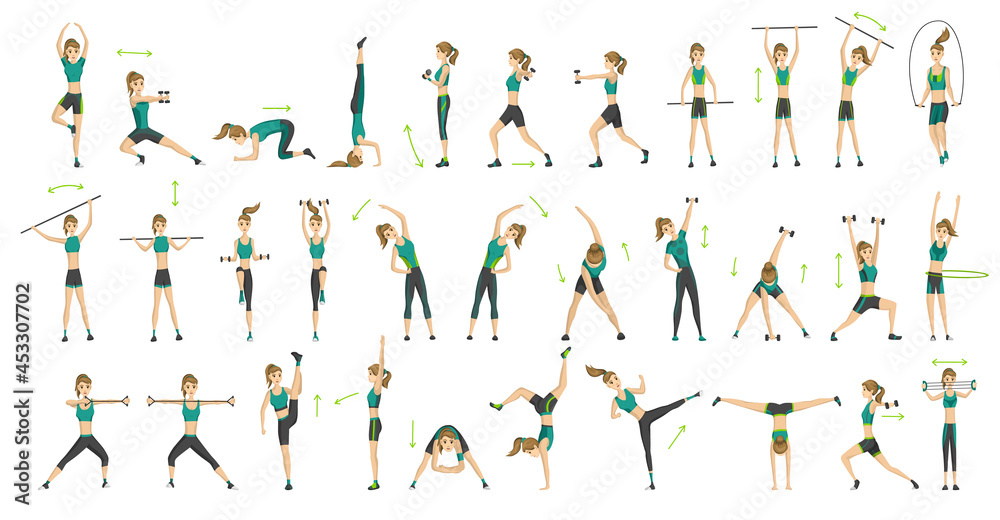 Woman fitness. Big set of colored vector silhouettes of slim woman in costume doing fitness workout in many different position. Active and healthy life concept. Female aerobic or exercises