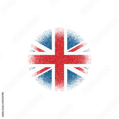 Colored illustration of a flag in a circle with a grunge texture on a white background. Design element for emblem, print, label, sticker and badge. Vector illustration. Great Britain symbol.