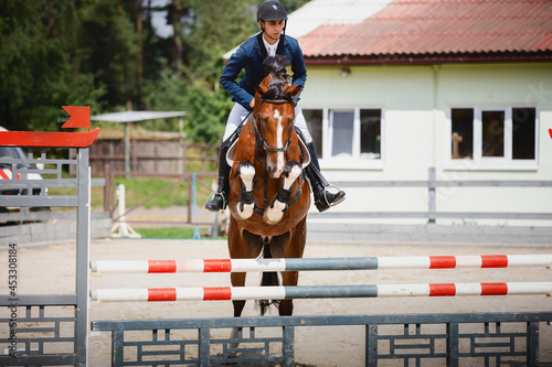 closeup portrait of young gelding horse and adult man rider jumping during equestrian showjumping competition in daytime in summer
