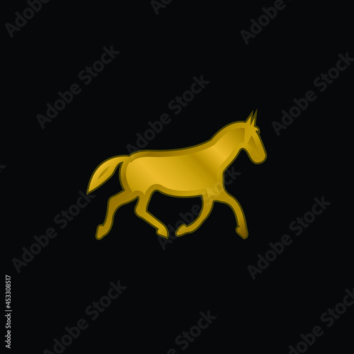 Black Race Horse Walking Pose gold plated metalic icon or logo vector
