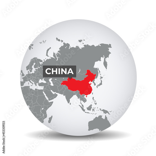 World globe map with the identication of China. Map of China. China on grey political 3D globe. Asia map. Vector stock.