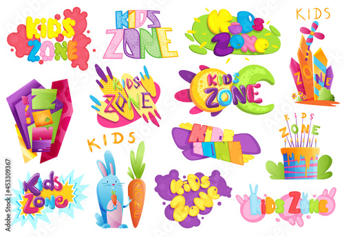 Kids zones set. Children playground game room or center emblems. Playroom banners in cartoon style for children play zone. Toys fun playing zone, children games party and play area poster