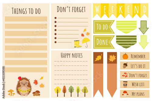 Collection of weekly or daily planner, note paper, to do list, stickers templates with autumn elements. Cute cozy stationery set. Suitable for kids. Autumn diary planners, paper notes, to do lists.