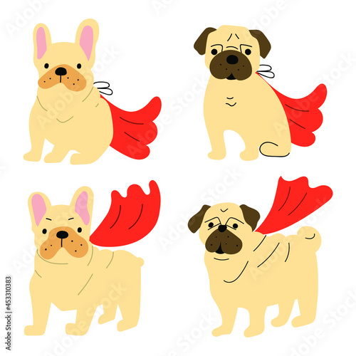 Set of dogs wearing cape of superheroes. Vector illustration on white background.