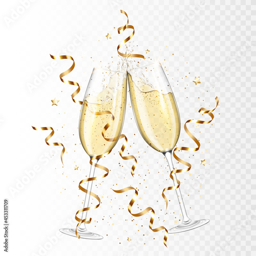 Vászonkép Transparent realistic two glasses of champagne with ribbons and confetti, isolated