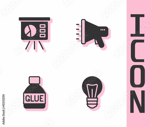 Set Light bulb, Board with graph, Glue and Megaphone icon. Vector photo