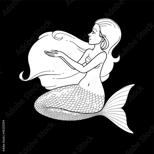 Graphic sitting mermaid isolated on white background