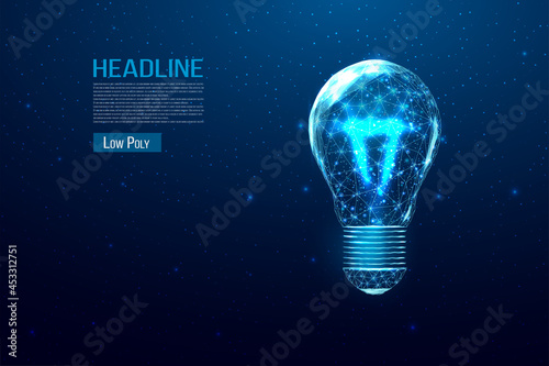 Wireframe polygonal lightbulb. Internet technology network, business idea concept with glowing low poly bulb. Futuristic modern abstract. Isolated on dark blue background. Vector illustration.