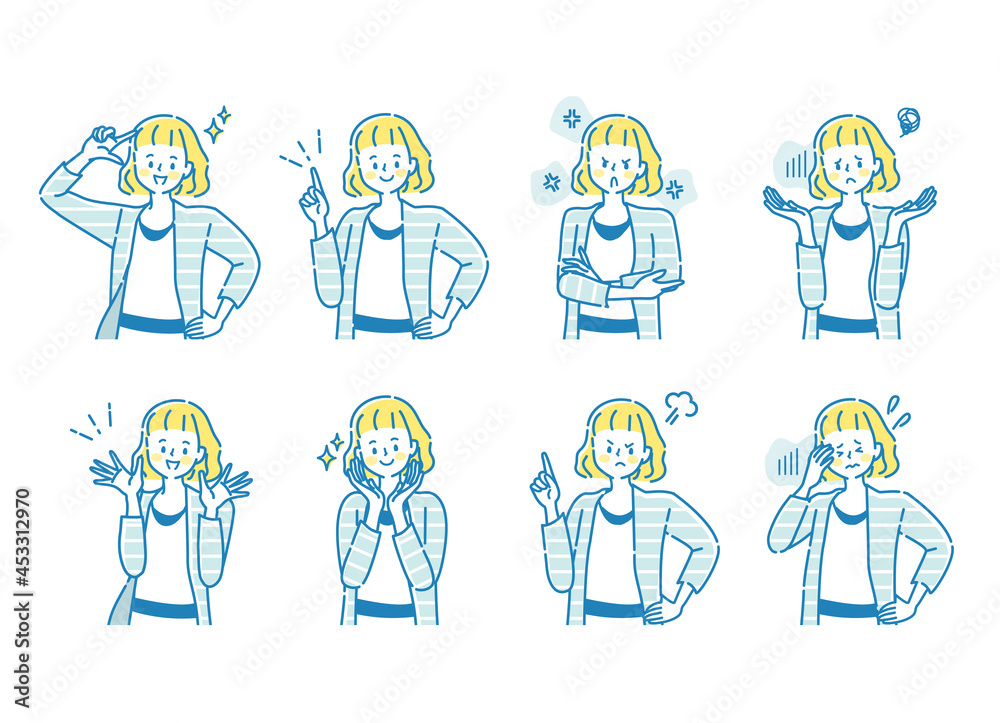 若い女性の表情セットのイラスト 若い女性の表情セットのイラスト