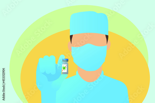 Vector illustration of a doctor with a vaccine. Masked medic protection against coronavirus
