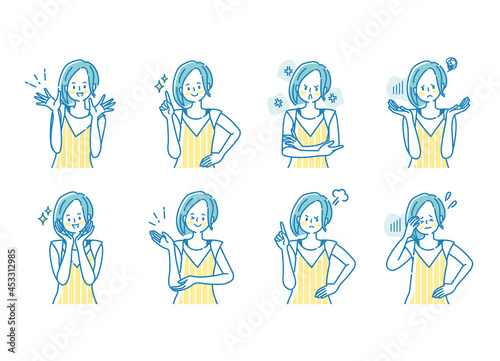 若い女性の表情セットのイラスト