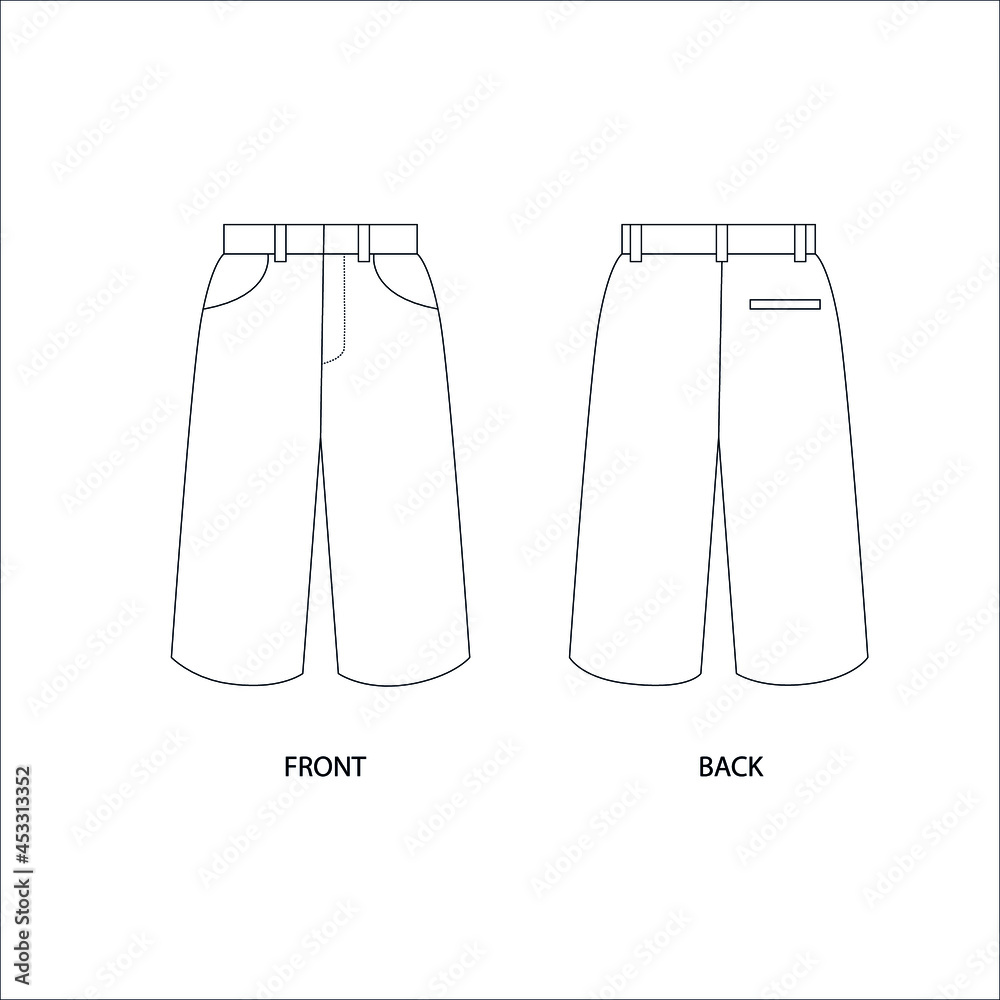 illustration of shorts. Wide knee shorts. Men's classic knee-length shorts. Shorts technical drawing vector. Shorts template. illustration of shorts. Wide knee shorts. Men's classic knee-length shorts. Shorts technical drawing vector. Shorts template.