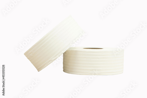 Toilet paper large or Tissue roll sanitary and household, Close up detail of one single clean toilet paper roll. Tissue is lightweight paper or light crepe paper. Isolated on white background.