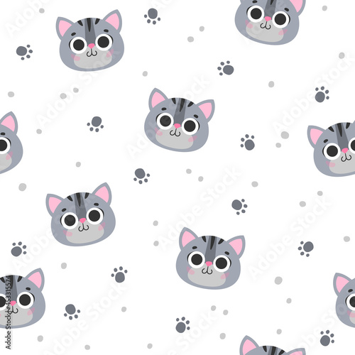 Seamless pattern with cute gray cat, kitty, kitten with black stripes, paws, word meow, purr on white background. Vector illustration, print for packaging, fabrics, wallpapers, textiles.