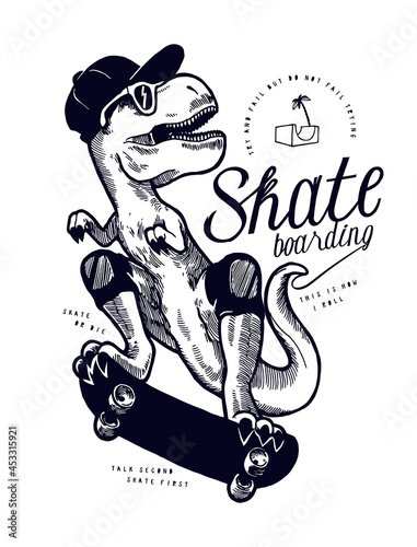 Dino Skateboarding. Cute t-rex dinosaur skater vintage typography t-shirt print vector illustration.