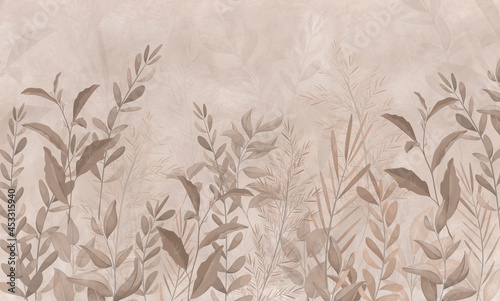 Photo wallpapers for walls. Beautiful leaves on a beige background. A mural for a room. Painted grass. © antura