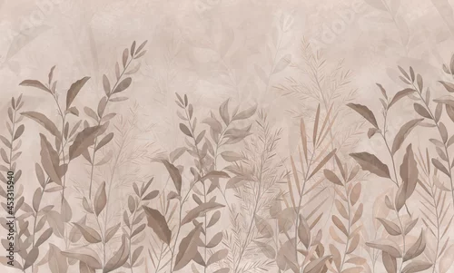 Obraz Photo wallpapers for walls. Beautiful leaves on a beige background. A mural for a room. Painted grass.