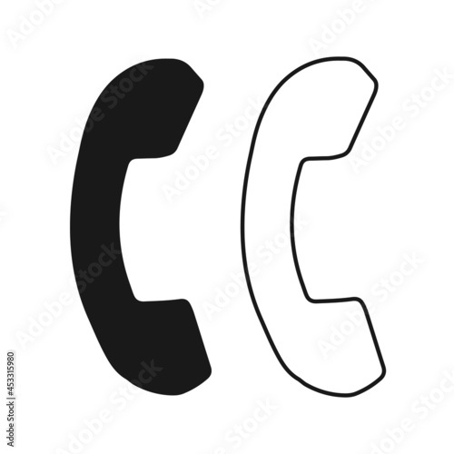 The handset icon. The silhouette and outline of the handset. The symbol of phone calls, numbers and negotiations, as well as audio communication.Vector illustration isolated on a white background.