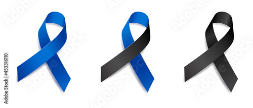 Set of tree blue and black ribbon awareness Arthritis, Hydrocephaly, Education, Colon Cancer, Ocular Melanoma, Memorials, Skin Cancer. Isolated on white background. Vector illustration.