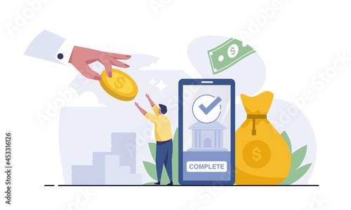 big hand hold dollar icon with businessman. Sending money via smartphone. Payment application.
